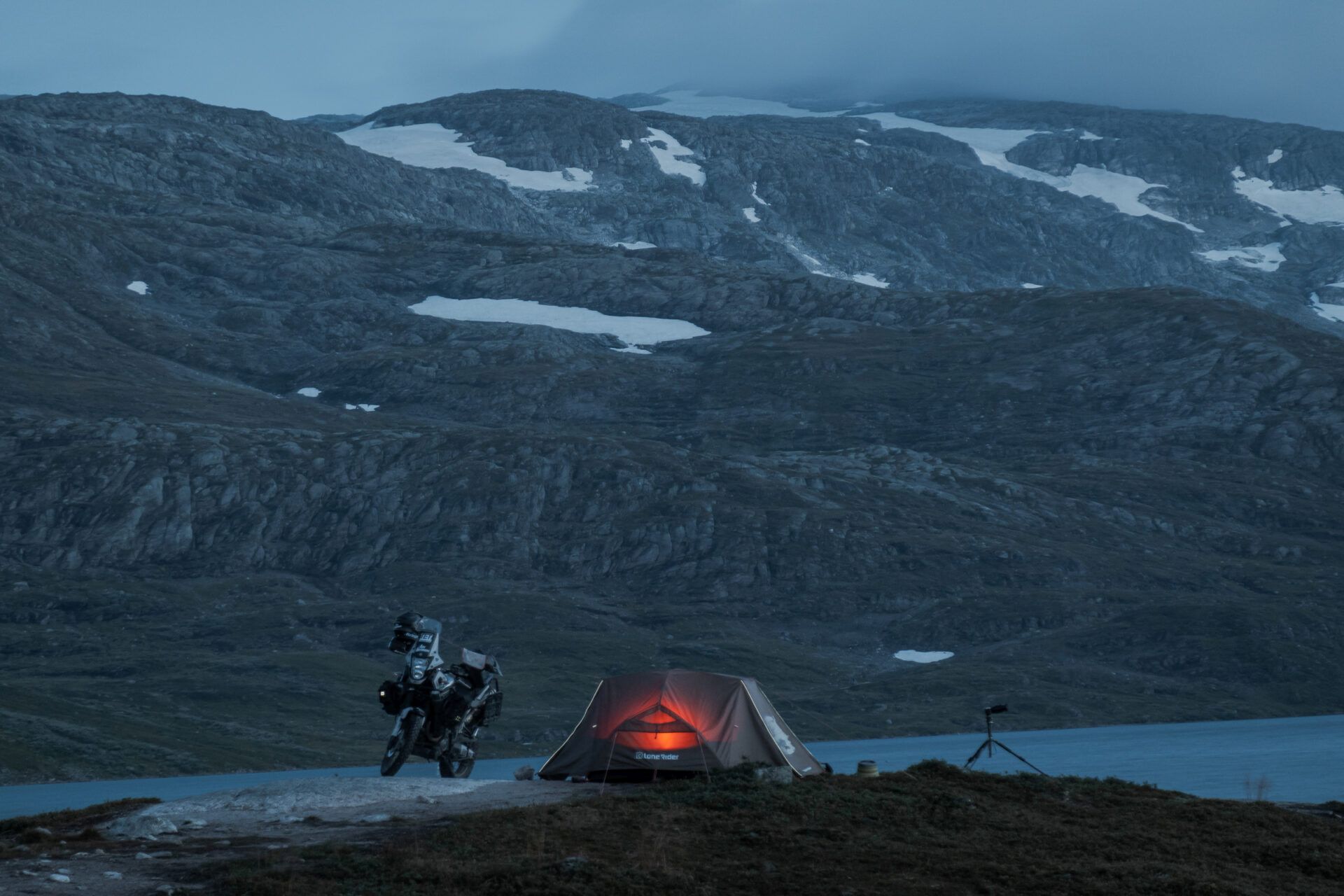 Norway night tent and motorcycle