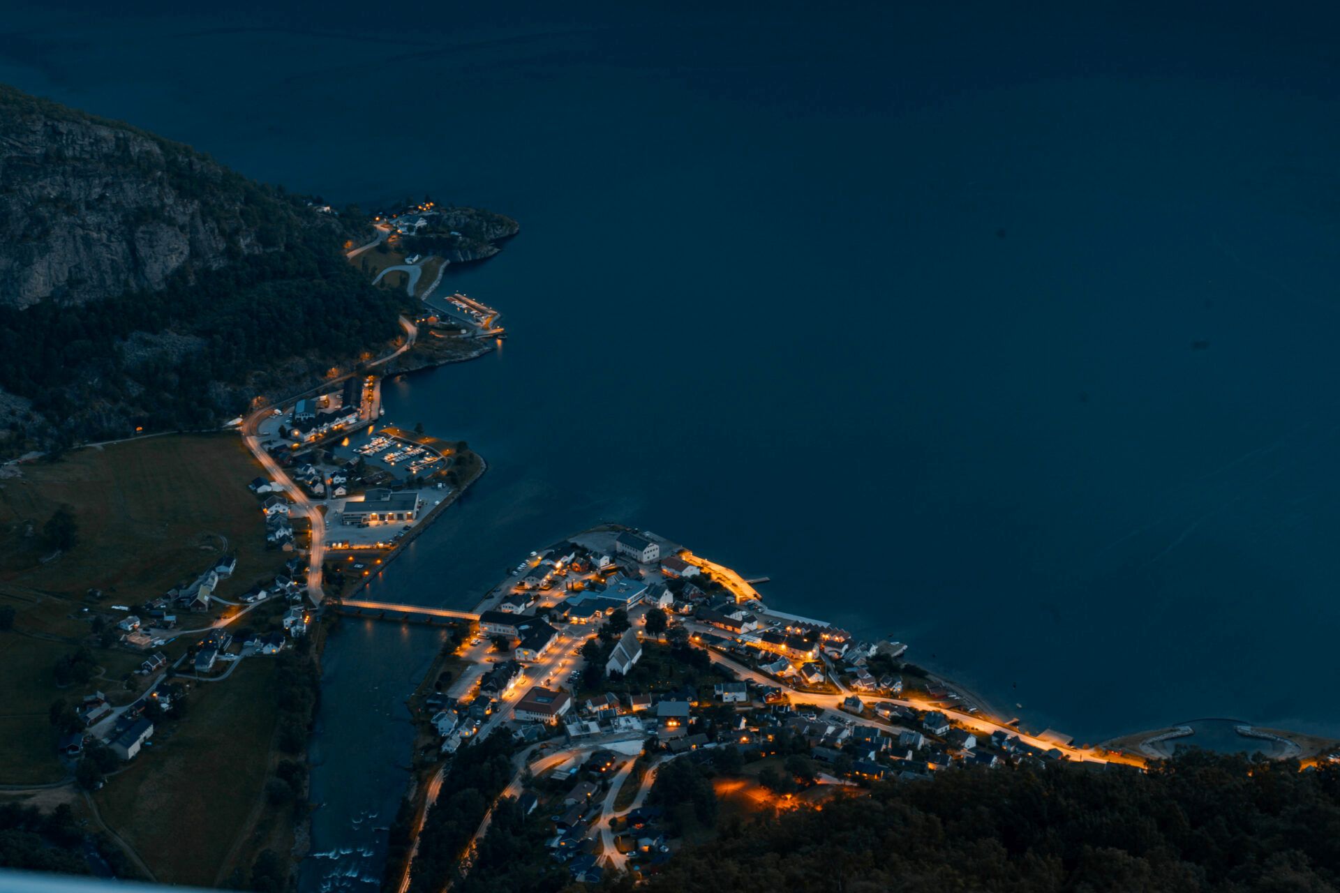 Norwegian city at night top view